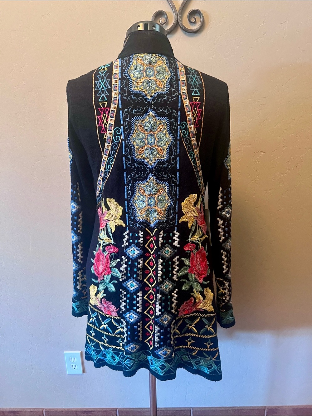 Johnny Was Nomad Embroidered Boho Duster Cardigan Sweater Black Multicolor Med - Picture 2 of 8